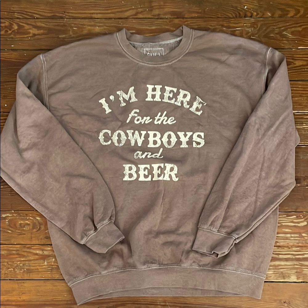 ‘I’m Here for the Cowboys and Beer’ Graphic Distressed Crewneck